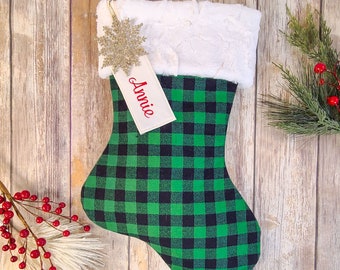 Green and Black Plaid Stocking with Fur Cuff - Personalized Green Plaid Stocking - Flannel Plaid Christmas Stocking - Farmhouse Stocking