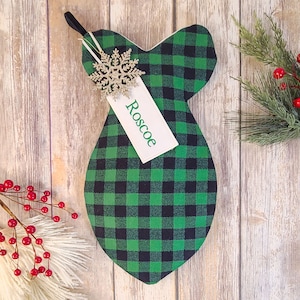 Green and Black Plaid Cat Stocking - Rustic Plaid Fish Shaped Stocking for Cats, Personalized Plaid Cat Christmas Stocking - Kitten Stocking