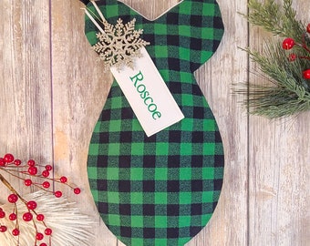 Green and Black Plaid Cat Stocking - Rustic Plaid Fish Shaped Stocking for Cats, Personalized Plaid Cat Christmas Stocking - Kitten Stocking