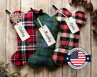 Plaid Dog Stockings - MONOGRAMMED DOG STOCKING - Personalized Dog Christmas Stockings - Plaid Flannel Dog Stockings - Dog Bone Stockings