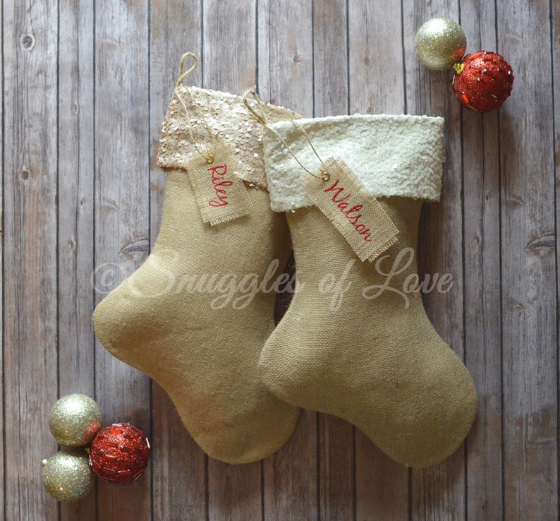 Personalized Burlap Stockings Monogrammed Stockings Burlap Christmas Stockings Sparkle Sequin Stockings Burlap Sequin Stockings image 2