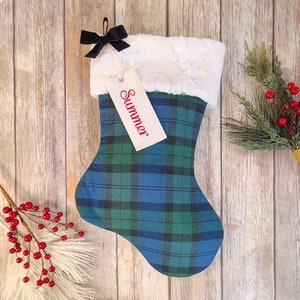 Blue and Green Plaid Stocking with Fur Cuff - Personalized Blue Plaid Stocking - Flannel Plaid Christmas Stocking - Farmhouse Stocking