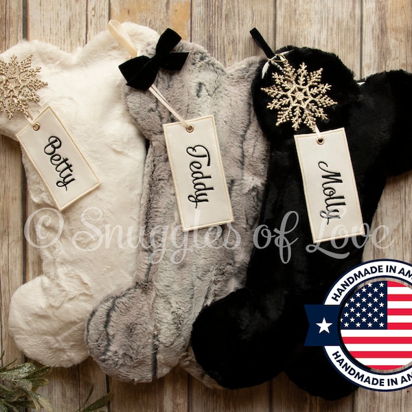 Fur Dog Stockings - Personalized Fur Dog Christmas Stockings - Fur Dog Bone Stockings - Cream Fur Stocking, Grey Fur Stocking, Black Fur