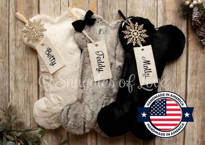 Personalized Black Fur Dog Christmas Stockings Fur Dog Bone Stockings Black Fur Stocking, Monogrammed Dog Bone Stocking image 2