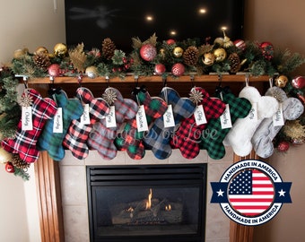 Dog Christmas Stocking - MONOGRAMMED, Plaid Dog Stocking, Flannel Dog Bone Stocking, Fur Dog Stocking, Pet Stockings, Pet Christmas Stocking