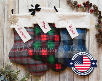 Plaid Christmas Stocking with Fur Cuff: Personalized Flannel Stocking and Name Tag