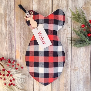 Red, Black, and Ivory Plaid Cat Stocking - Rustic Plaid Fish Shaped Stocking for Cats, Personalized Plaid Cat Christmas Stocking
