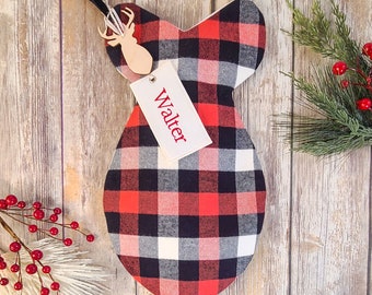 Red, Black, and Ivory Plaid Cat Stocking - Rustic Plaid Fish Shaped Stocking for Cats, Personalized Plaid Cat Christmas Stocking