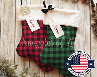 Personalized Buffalo Plaid Christmas Stocking: Farmhouse Plaid with Fur Cuff