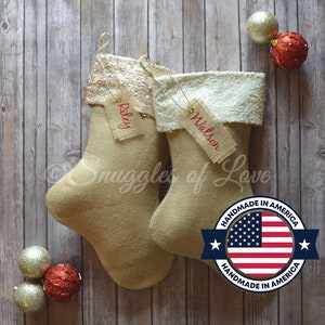 Sequin Christmas Stocking - Burlap Sequin Stockings, Personalized Cream and Champagne Sequin Stockings, Sparkle Stocking