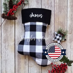 Monogrammed Black Check Stocking - Personalized Black Plaid Christmas Stocking - Back and White Check Christmas Stocking - Farmhouse