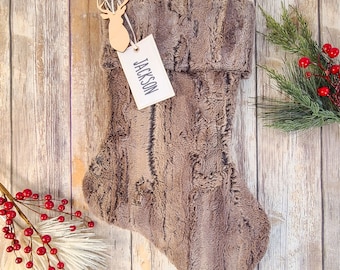 Chestnut Brown Fur Christmas Stocking - Faux Fur Christmas Stocking - Brown Fur Embroidered Stocking - Fur Stocking