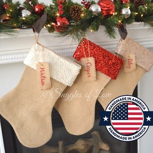 Personalized Burlap Stockings Monogrammed Stockings Burlap Christmas Stockings Sparkle Sequin Stockings Burlap Sequin Stockings image 1