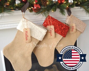 Personalized Burlap Stockings - Monogrammed Stockings - Burlap Christmas Stockings - Sparkle Sequin Stockings - Burlap Sequin Stockings