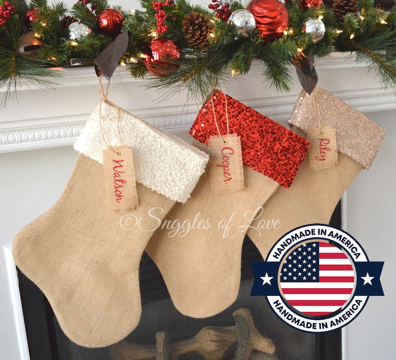 Personalized Burlap Stockings Monogrammed Stockings Burlap Christmas Stockings Sparkle Sequin Stockings Burlap Sequin Stockings image 1