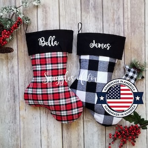 Personalized Plaid Stockings - Red and Black Plaid Christmas Stocking - Pick Your Style - Embroidered Plaid Stockings - Check Stockings