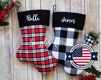 Personalized Plaid Stockings - Red and Black Plaid Christmas Stocking - Pick Your Style - Embroidered Plaid Stockings - Check Stockings