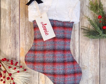 Red and Grey Plaid Stocking with Fur Cuff - Personalized Grey Plaid Stocking - Flannel Plaid Christmas Stocking - Farmhouse Stocking