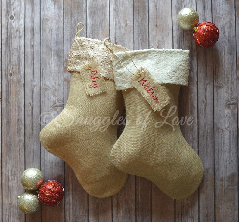 Burlap Stockings Champagne Sequin Burlap Christmas Stocking Christmas Stocking Handmade Stocking Personalized Burlap Stocking