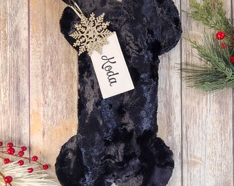 Personalized Black Fur Dog Christmas Stockings - Fur Dog Bone Stockings - Black Fur Stocking, Monogrammed Dog Bone Stocking