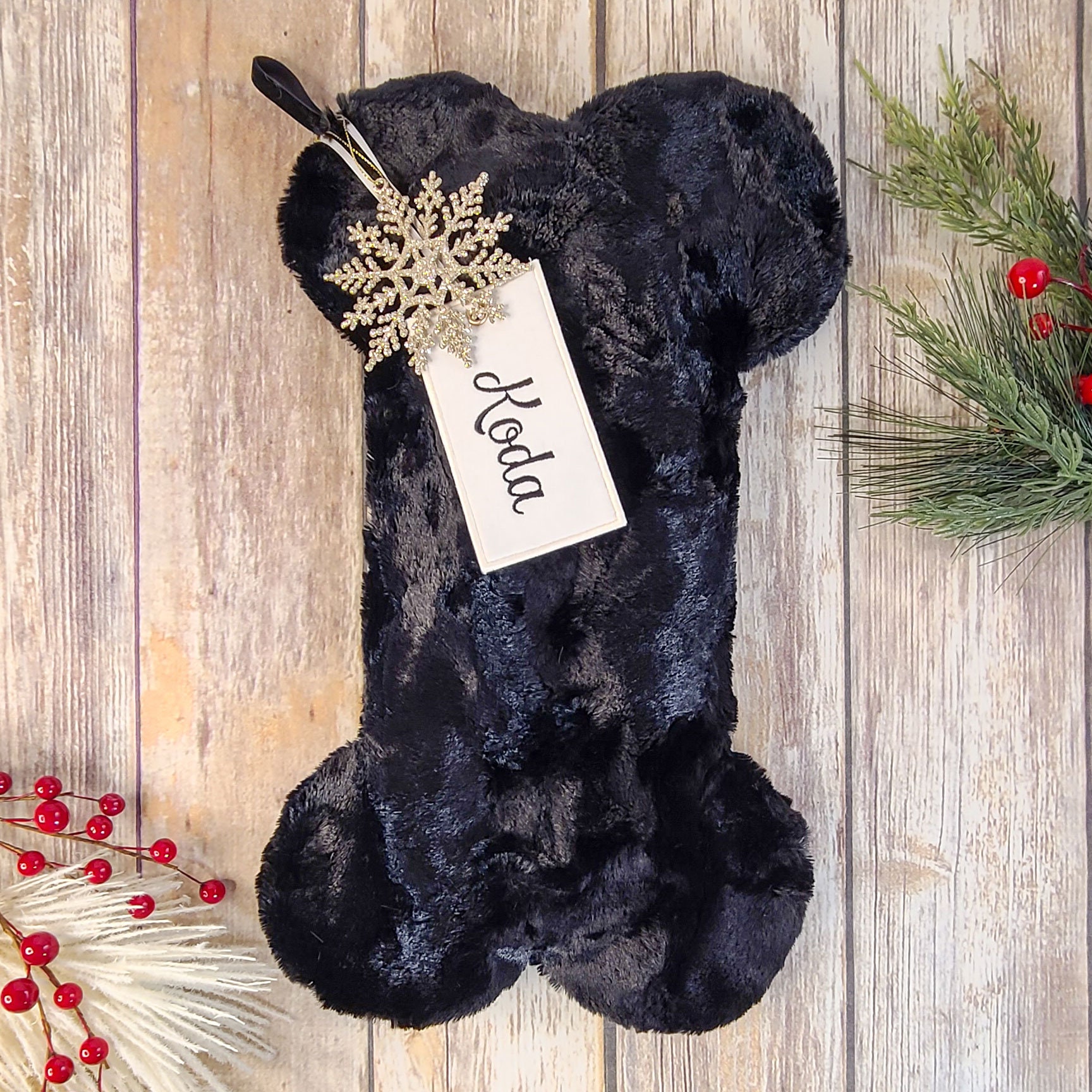 Personalized Black Faux Fur Dog Bone Christmas Stocking with Embroidered Name Tag