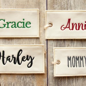 Personalized Christmas Stocking Name Tag: Ivory Embroidered Tag with Hanging Ribbon