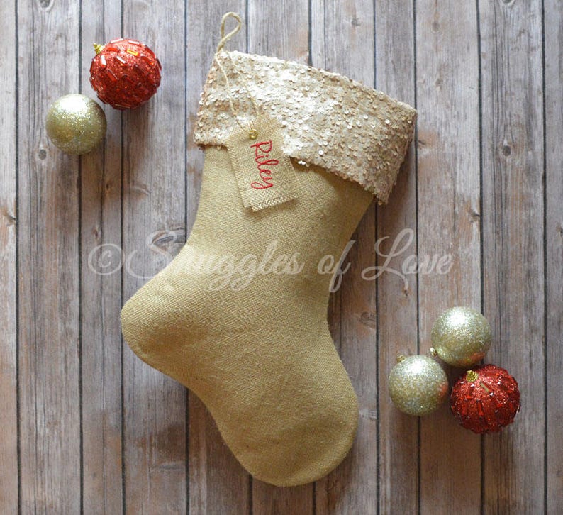 Personalized Burlap Stockings Monogrammed Stockings Burlap Christmas Stockings Sparkle Sequin Stockings Burlap Sequin Stockings image 3