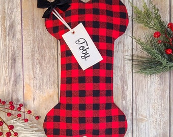 Red and Black Dog Christmas Stocking - Buffalo Plaid Stocking, Personalized Plaid Dog Stocking, Flannel Dog Bone Stocking, Dog Stocking