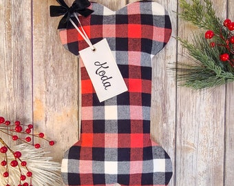 Red, Black, and Ivory Dog Christmas Stocking - Personalized Plaid Dog Stocking, Flannel Dog Bone Stocking, Dog Stocking, Buffalo Plaid