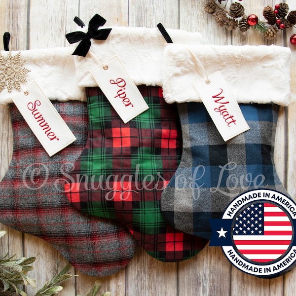 Grey Plaid Stocking - Blue and Grey Stocking - Red and Green Plaid Christmas Stocking - Monogrammed Christmas Stocking - Fur Stocking