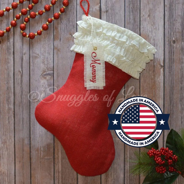 Red Ruffle Stocking - Red Burlap Ruffled Stocking - EMBROIDERED BURLAP STOCKING - Red Burlap Christmas Stocking