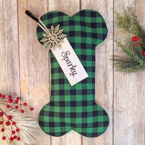 Green and Black Dog Christmas Stocking - Personalized Plaid Dog Stocking, Flannel Dog Bone Stocking, Pet Stocking, Dog Stocking