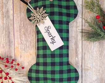 Green and Black Dog Christmas Stocking - Personalized Plaid Dog Stocking, Flannel Dog Bone Stocking, Pet Stocking, Dog Stocking