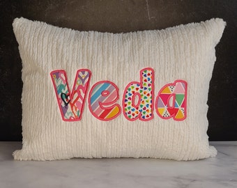 Personalized Name Pillow - Applique Pillow - Girls Personalized Pillow - Monogrammed Pillow - Pink and Rainbow Color Pillow