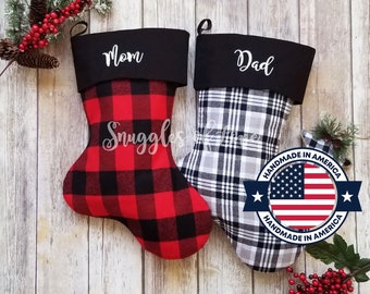 Plaid Christmas Stockings - Personalized Christmas Stockings - Red and Black Plaid Stockings - Farmhouse Stockings - Red Flannel Stocking