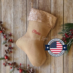 Embroidered Sequin Christmas Stockings - Burlap Personalized Stocking - Burlap and Champagne Sequin Stocking - Champagne Stocking