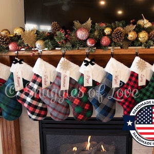 Plaid Stockings - Personalized Plaid Stockings - Rustic Stockings - Flannel Plaid Christmas Stockings - Fur Stockings - Farmhouse Stocking