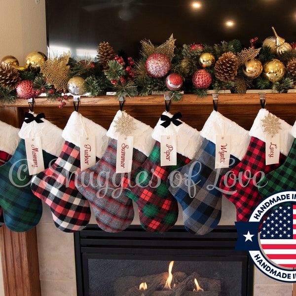 Plaid Stockings - Personalized Plaid Stockings - Rustic Stockings - Flannel Plaid Christmas Stockings - Fur Stockings - Farmhouse Stocking