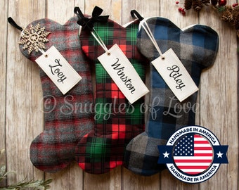 Personalized Plaid Flannel Dog Stockings - DOG BONE CHRISTMAS Stocking - Stocking for Dogs - Rustic Plaid Dog Stocking - Deer Dog Stocking