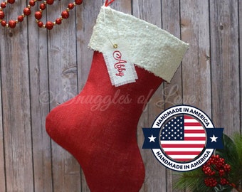 Red Sequin Stocking - Red and Ivory Sequin Christmas Stocking - PERSONALIZED Red Burlap Sequin Stocking - Sparkle Stocking