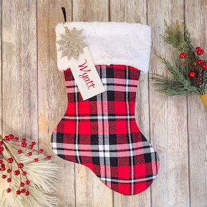 Personalized Red Plaid Christmas Stocking – Farmhouse Fur Cuff