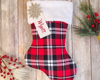 Red and Black Plaid Stocking with Fur Cuff - Personalized Red Plaid Stocking - Flannel Plaid Christmas Stocking - Farmhouse Stocking