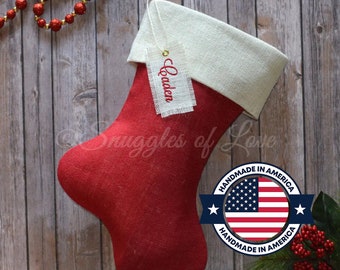 Red and Ivory Burlap Stocking - Red Christmas Stocking - MONOGRAMMED BURLAP STOCKING - Modern Burlap Stocking