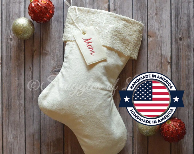 Embroidered Stocking - Personalized Velvet Stocking - Sequin Christmas Stocking - Cream Velvet Stocking - Ivory Stocking - Cream Sequins
