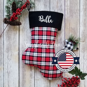 Personalized Red and Black Plaid Stocking - Monogrammed Red Plaid Christmas Stocking - Red and Black Stocking - Farmhouse Stocking - Country