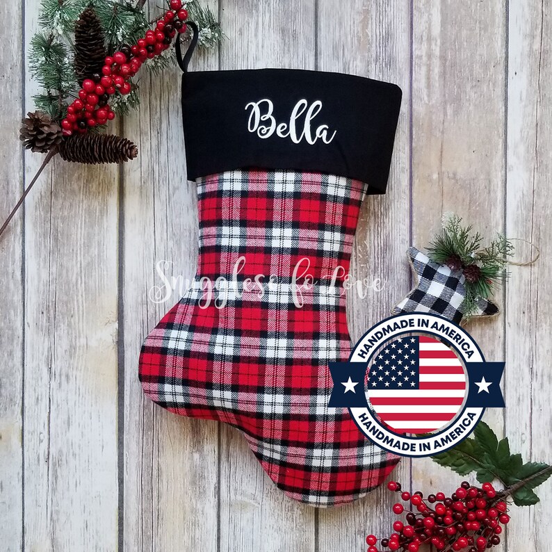 Personalized Red Plaid Christmas Stocking: Farmhouse Decor with Name Embroidered image 1