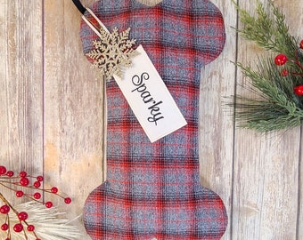 Red and Grey Dog Christmas Stocking - Personalized Plaid Dog Stocking, Flannel Dog Bone Stocking, Pet Stocking, Dog Stocking