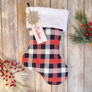 Personalized Red, Black, and Ivory Plaid Stocking with Fur Cuff - Red Plaid Stocking - Flannel Plaid Christmas Stocking - Farmhouse Stocking