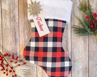 Personalized Red, Black, and Ivory Plaid Stocking with Fur Cuff - Red Plaid Stocking - Flannel Plaid Christmas Stocking - Farmhouse Stocking