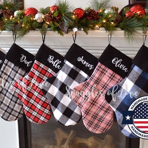 Farmhouse Christmas Stocking - Red and Black Plaid Stockings - Red Plaid Christmas Stocking - Black Plaid Christmas Stocking - Personalized